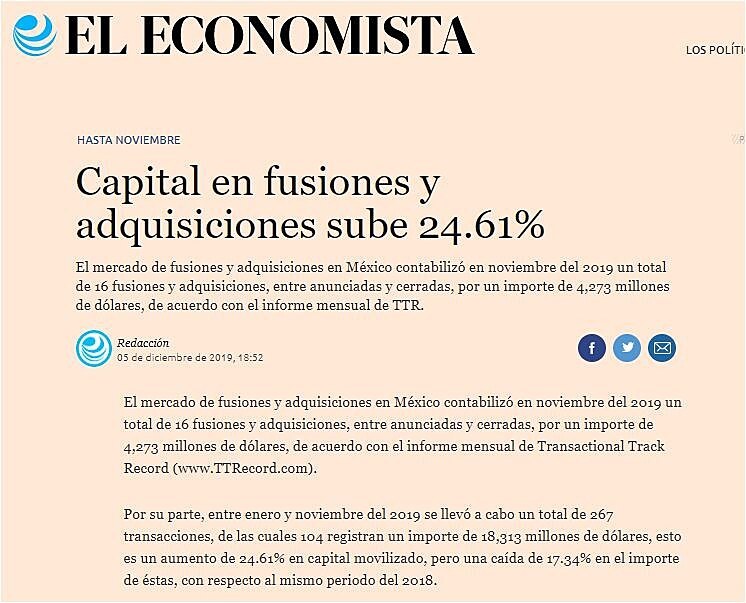 Capital en fusiones y adquisiciones sube 24.61%